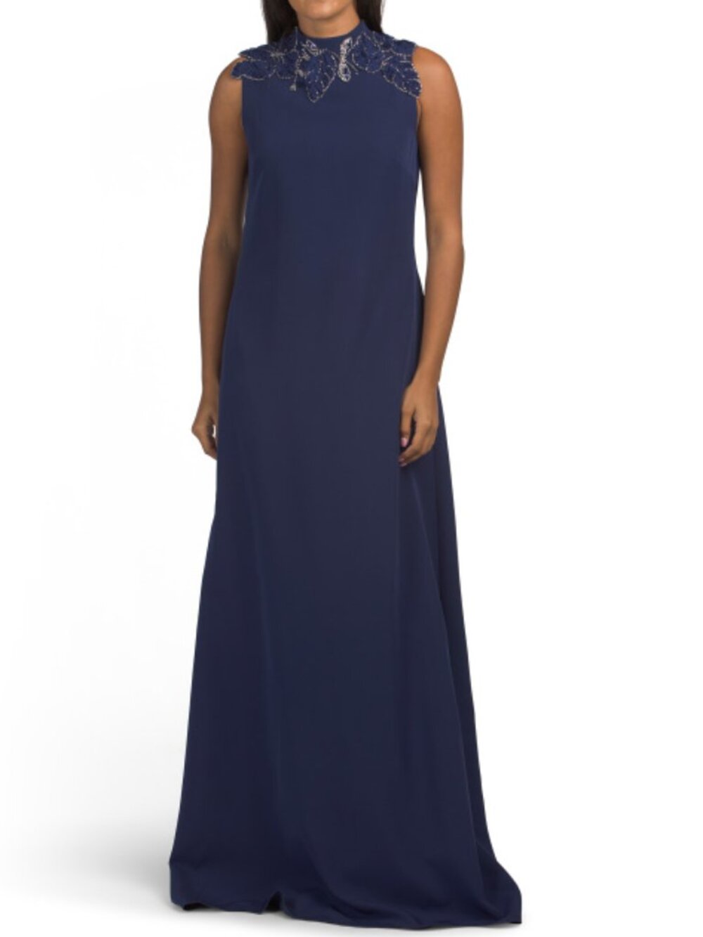 RENE BY RENE RUIZ Navy Sleeveless Mock Neck Gown With Floral Applique Accents